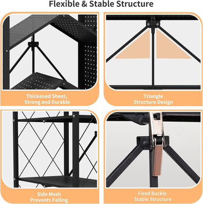 WHIFEA 5 Tier Foldable No Assembly Storage Shelves with Wheels 28.3’’15’’63.2’’ Free Standing Metal Wire Rack Heavy Duty Pantry Collapsible Organizer for Kitchen Bedroom Bathroom Office Black