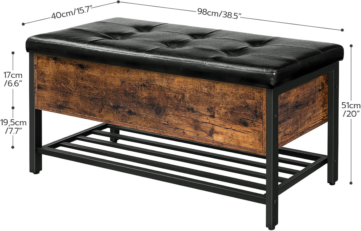 HOOBRO Storage Bench, Storage Ottoman, Shoe Bench with Padded Seat and Metal Shelf, Flip Top Toy Box Storage Chest, Bed End Stool for Bedroom, Hallway,Living Room, Rustic Brown and Black BF98CW01