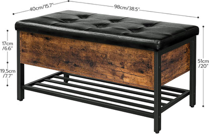 HOOBRO Storage Bench, Storage Ottoman, Shoe Bench with Padded Seat and Metal Shelf, Flip Top Toy Box Storage Chest, Bed End Stool for Bedroom, Hallway,Living Room, Rustic Brown and Black BF98CW01