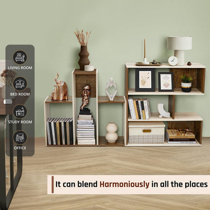 ABOUT SPACE Book Shelf for Home Library-Rectangle/L-Shaped Rack for Storage 6 Compartment Book Stand Shelf for Bedroom, Livingroom Decor, Plants and Books (Oak White&Walnut-L128 x B30 x H85 cm)