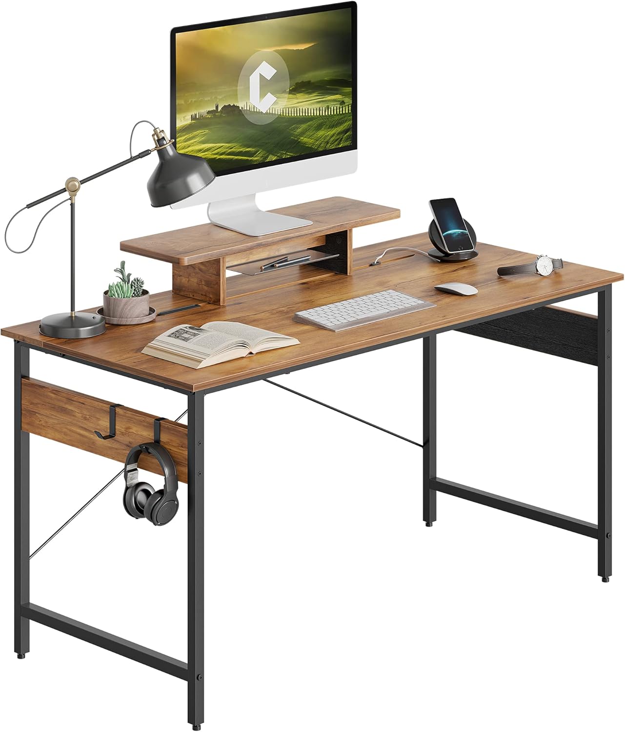 CubiCubi Small Computer Desk 40" Home Office Desk with Storage Table, Modern Writing Style PC Table with Mobile Phone Bracket and Hooks, Fir