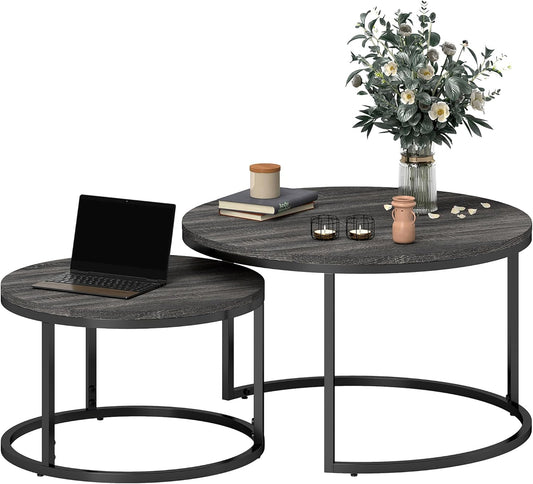 HOMCOM Set of 2 Nest Coffee Tables, Round Coffee Table, Stackable, Industrial Design, Coffee Table, Metal Legs, Black