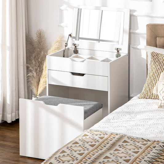 FurniFlex Dressing Table with Mirror and Matching Stool, White