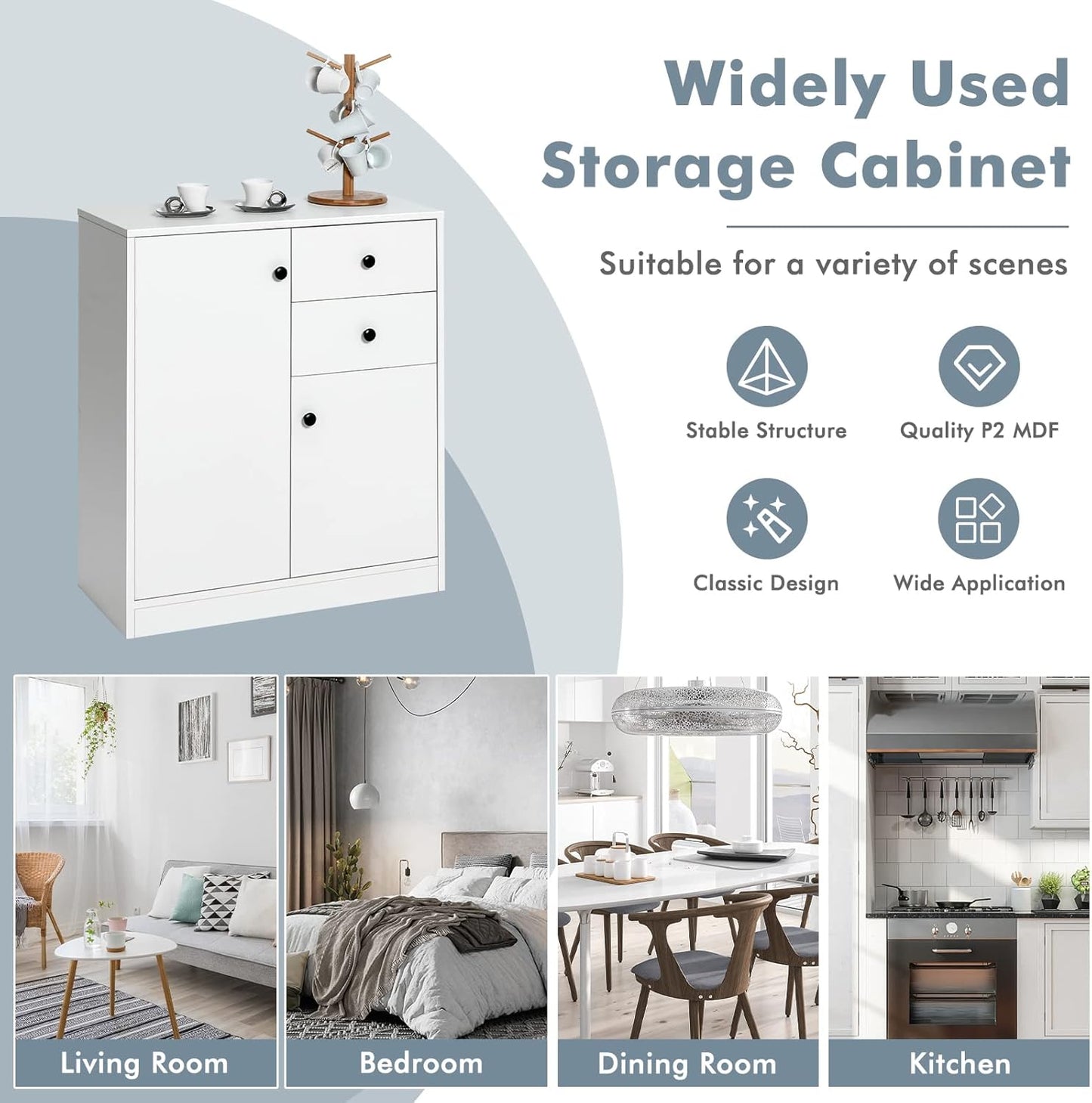 TANGZON Storage Cabinet, Wooden Buffet Sideboard with Doors, Shelves/Drawers, Freestanding Cupboard Unit for Kitchen Living Room Dining Room Hallway (2 Doors, 2 Drawers, White)