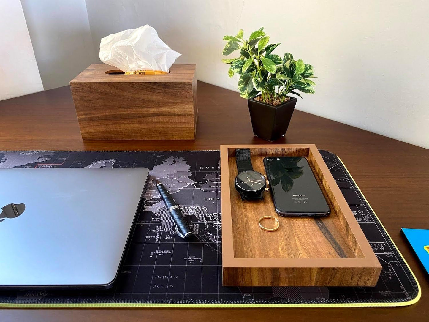 wood workers modern bathroom organizer set, wooden 3 piece set for living room bedroom dining kitchen, rustic rectangular trash bin, tissue box, tray set for office, vanity home decor accessories