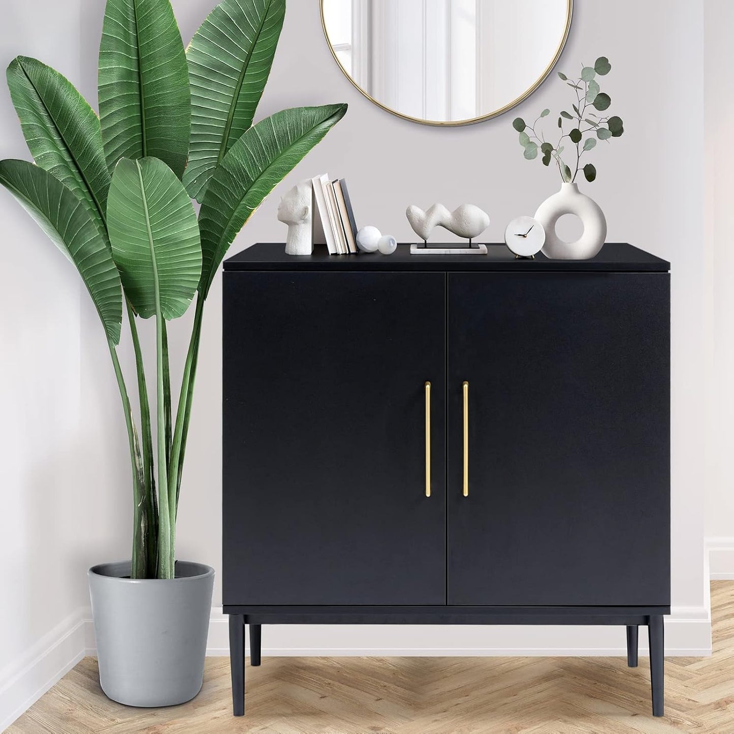 Vrullu Modern, Free Standing Cabinet, Black Sideboard and Buffet Storage with Doors, Wood Accent Cabinet for Living Room, Hallway, Entryway, Dining Room, Bedroom (1, Black)