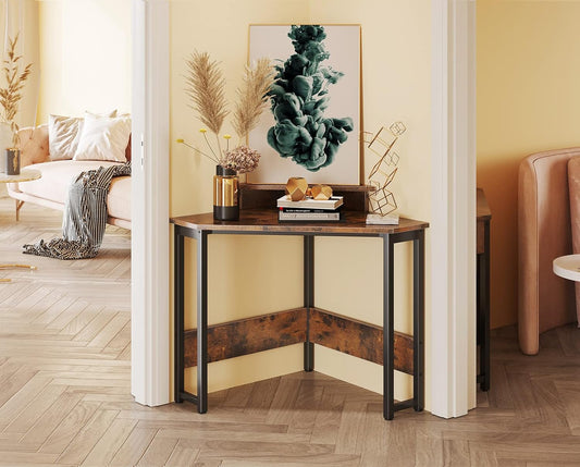 ODK Corner Desk Space Saving Small Desk with Sturdy Steel Frame, Computer Desk with Monitor Stand for Small Space, Easy Assembly Triangle Vanity Desk with Durable Wooden Desktop, Vintage