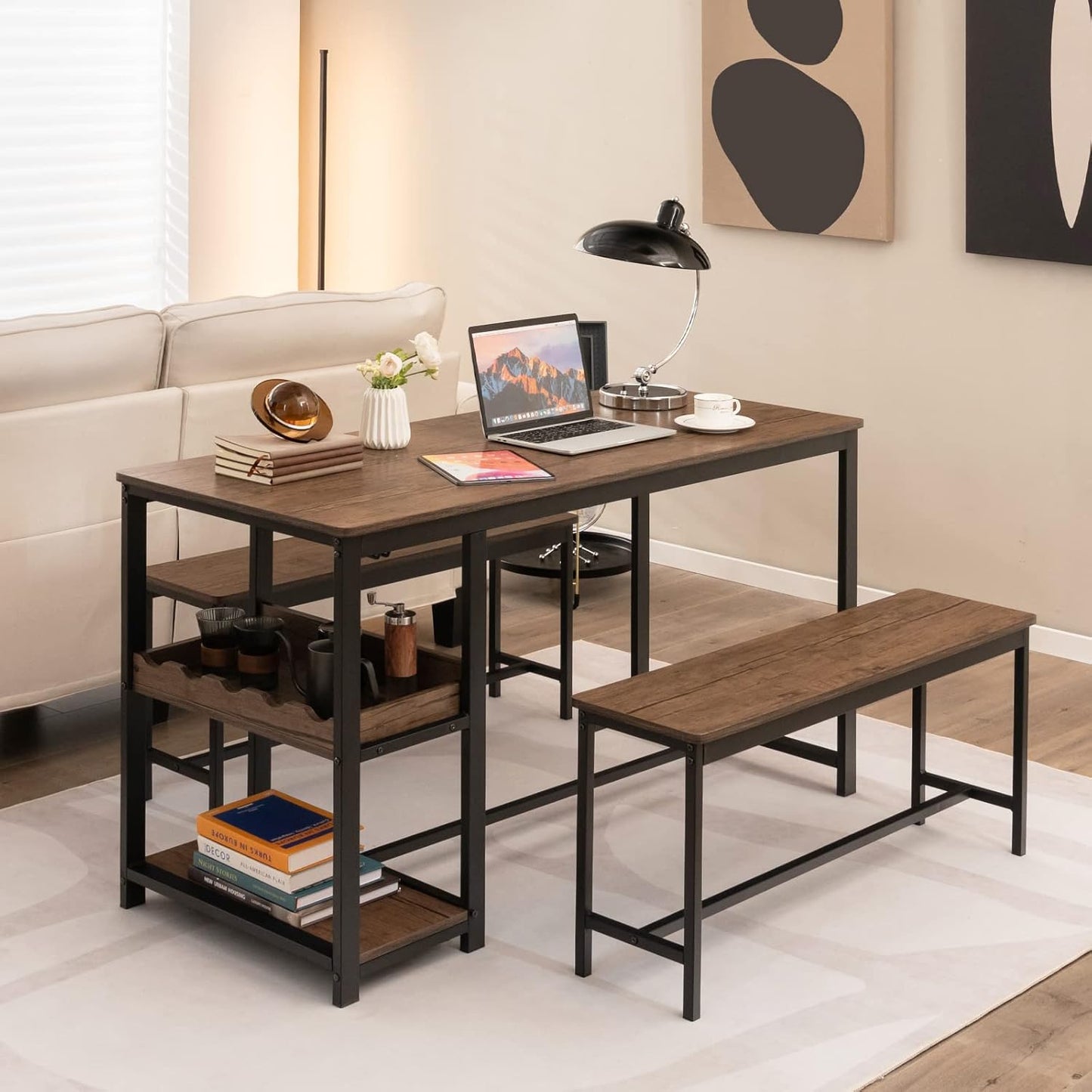 TANGZON Dining Table and 2 Bench Set, 3 Pieces Kitchen Dining Table Set with Wine Rack, Glass Holder & Storage Shelf, Space-Saving Breakfast Dining Furniture for Home Living Room Restaurant (Wooden)