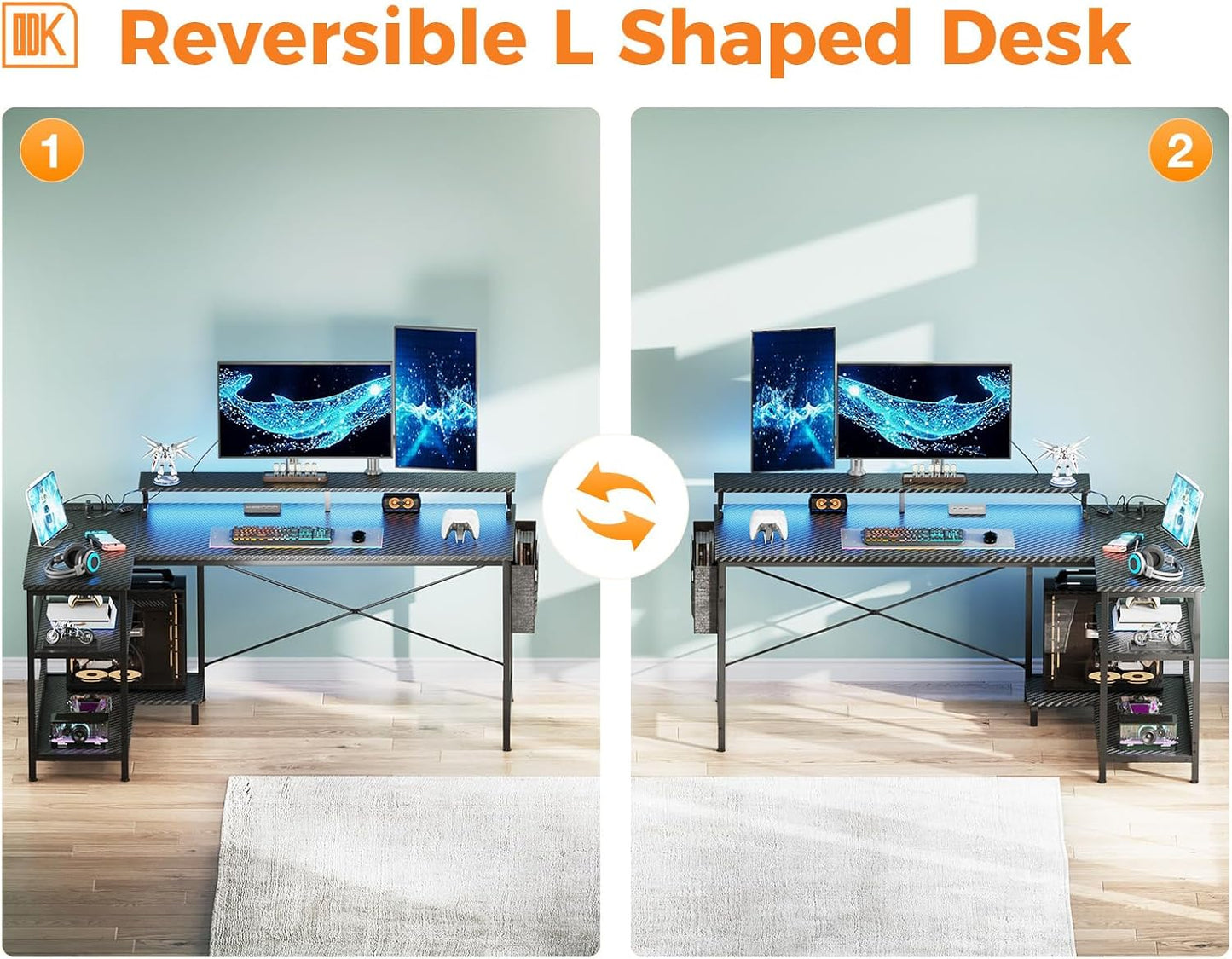 ODK 58 Inch Gaming Desk with USB Charging Ports and LED Lights, Reversible L Shaped Computer Desk with Storage Shelves & Monitor Stand, Corner Gamer Desk Table with Power Outlets, Black