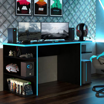 Madesa Gaming Computer Table and Office Desk with 5 Shelves and Cable Management, Wood, 136x75x60 Cm – Black/Blue