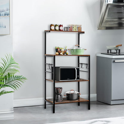 Sasoiky Bakers Rack for Kitchen,4-Tier Kitchen Storage Shelf Rack,Microwave Cart Coffee Bar Microwave Stand Rack with 4 Hooks,Bakers Racks for Kitchens with Storage(Rustic Brown)