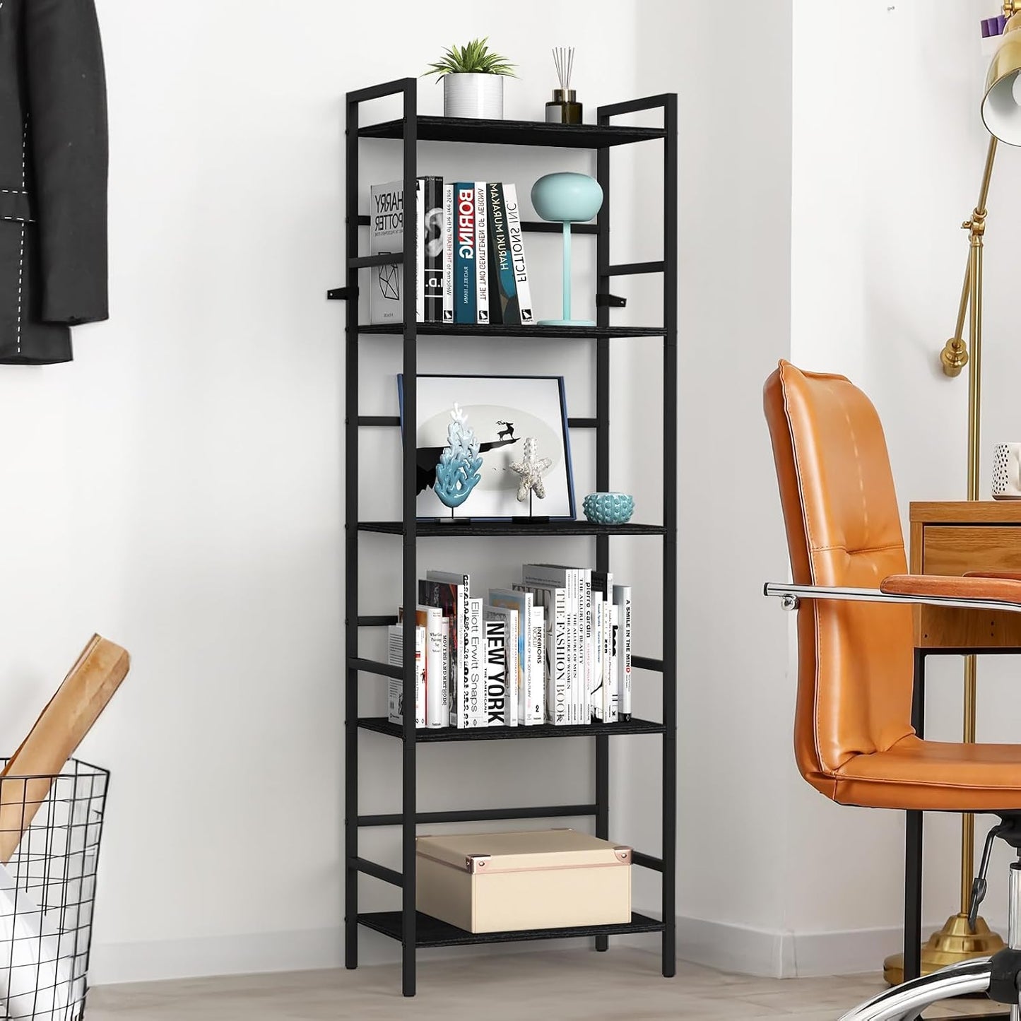52.76in(H) Tall Bookshelf 5 Tier Bookcase Shelf Storage Organizer Industrial Freestanding Book Shelves Units Large Storage Tired Shelf for Small Space, Living Room, Kitchen, Bedroom, Modern Black