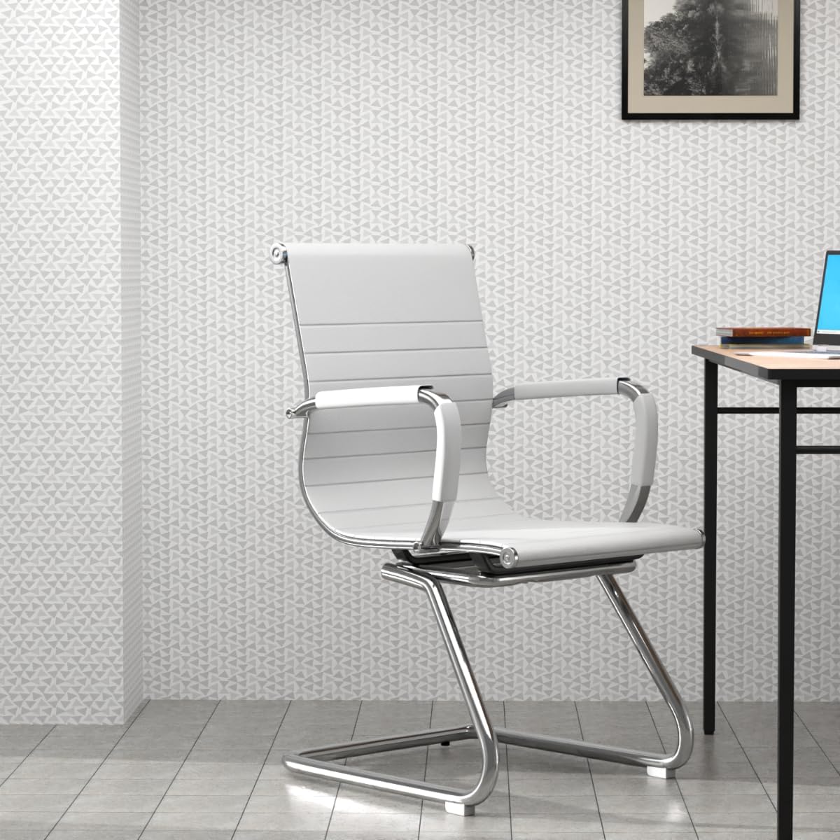 Mahmayi Ut C031V Visitors Chair, Waiting Room & Reception Pu Chair, Thick Padding Seat Ergonomic Executive Chair Fixed Armrest Chair Home Office Chair, Durable Base Visitor Armchair White, Ut-C031V-Wt