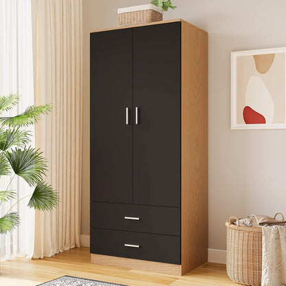 Panana 2 Door 2 Drawer Wardrobe with Hanging Rail Wooden Clothes Storage Cupboards Unit for Bedroom Furniture 76.8 * 50 * 180cm (Black with Oak)