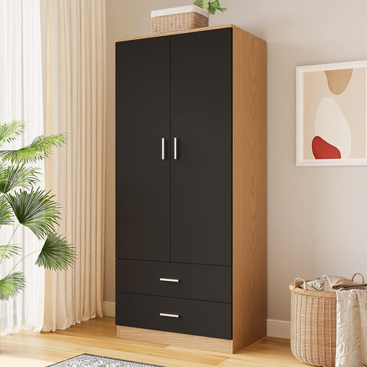 Panana 2 Door 2 Drawer Wardrobe with Hanging Rail Wooden Clothes Storage Cupboards Unit for Bedroom Furniture 76.8 * 50 * 180cm (Black with Oak)