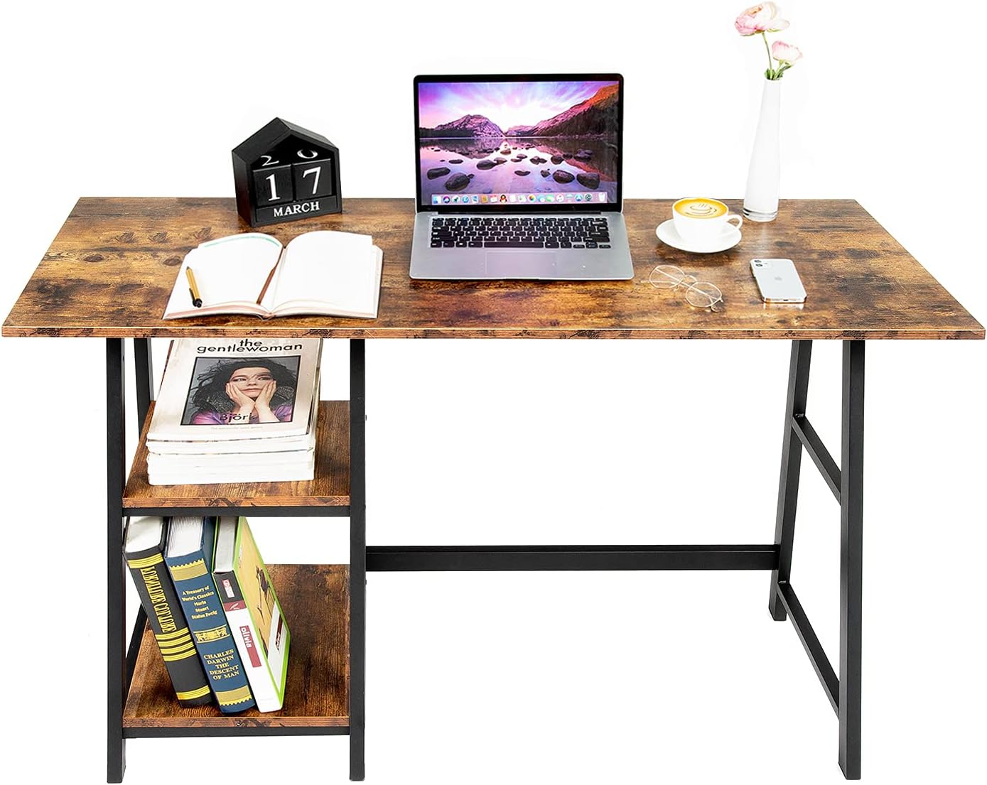 Oak & Tea Computer Desk Small Home Office Table with Shelves Compact Workstation Modern Style Writing Desk for Work Study Gaming 120x60x75 cm