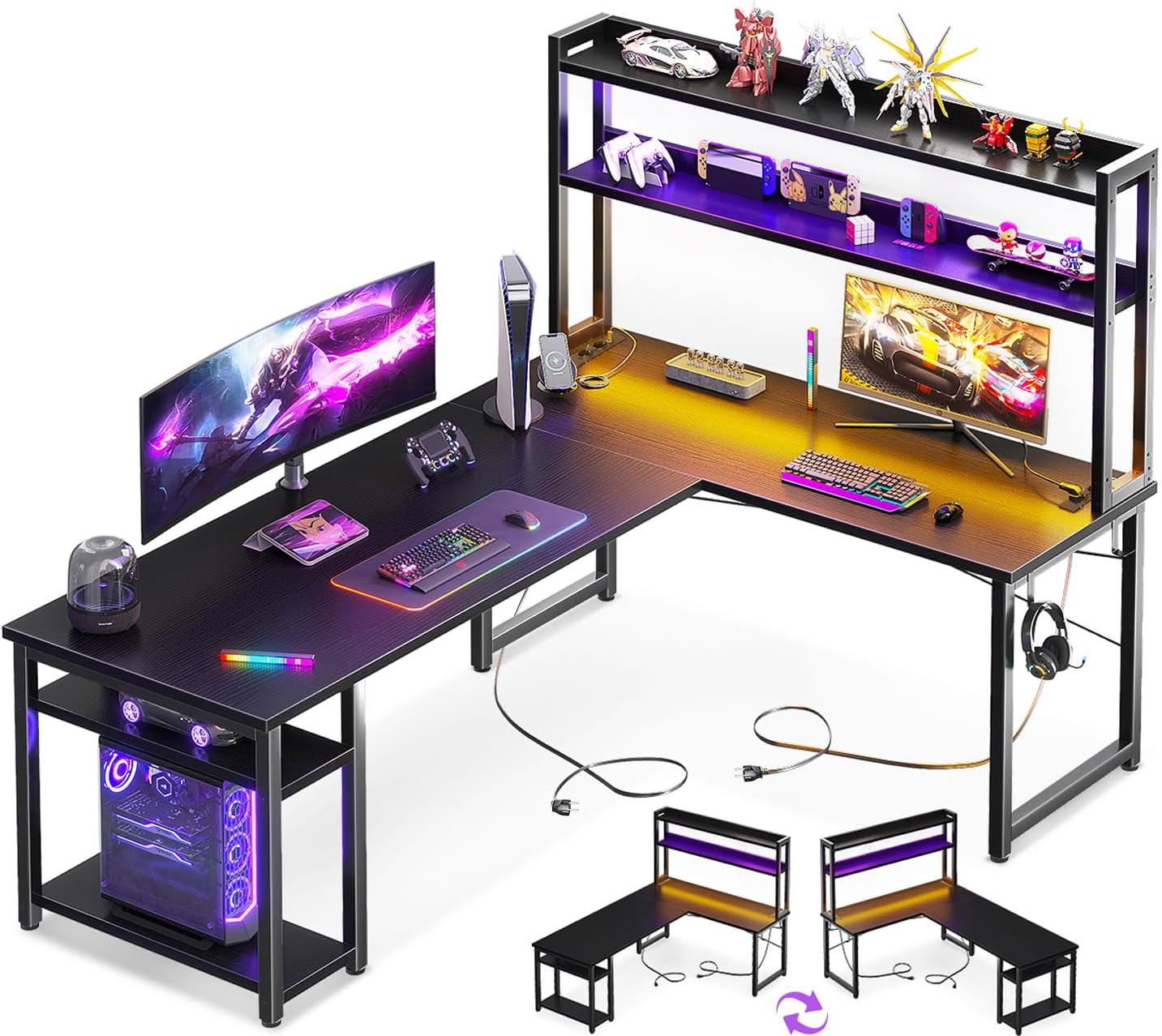 ODK Corner Desk, White with Stall, 150 x 120 cm, Reversible Gaming Table, L Shape with LED, Computer Desk with USB Charging Port and Socket, Gaming Desk for Home Office