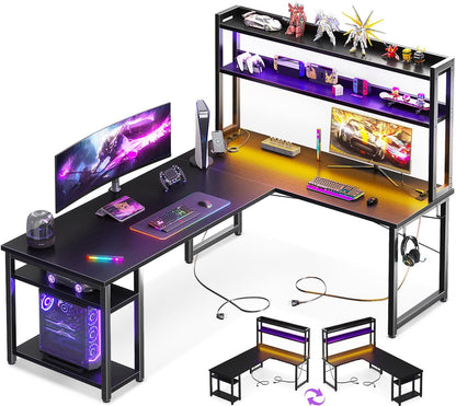 ODK Corner Desk, White with Stall, 150 x 120 cm, Reversible Gaming Table, L Shape with LED, Computer Desk with USB Charging Port and Socket, Gaming Desk for Home Office