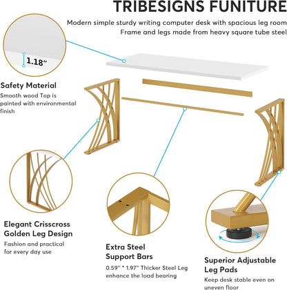 Tribesigns 55’’ Large Modern Computer Desk, White & Gold Luxury Laptop PC Student Table, Makeup Vanity Table with Thick Frame & Strong Legs, Sturdy Writing Workstation for Home & Office