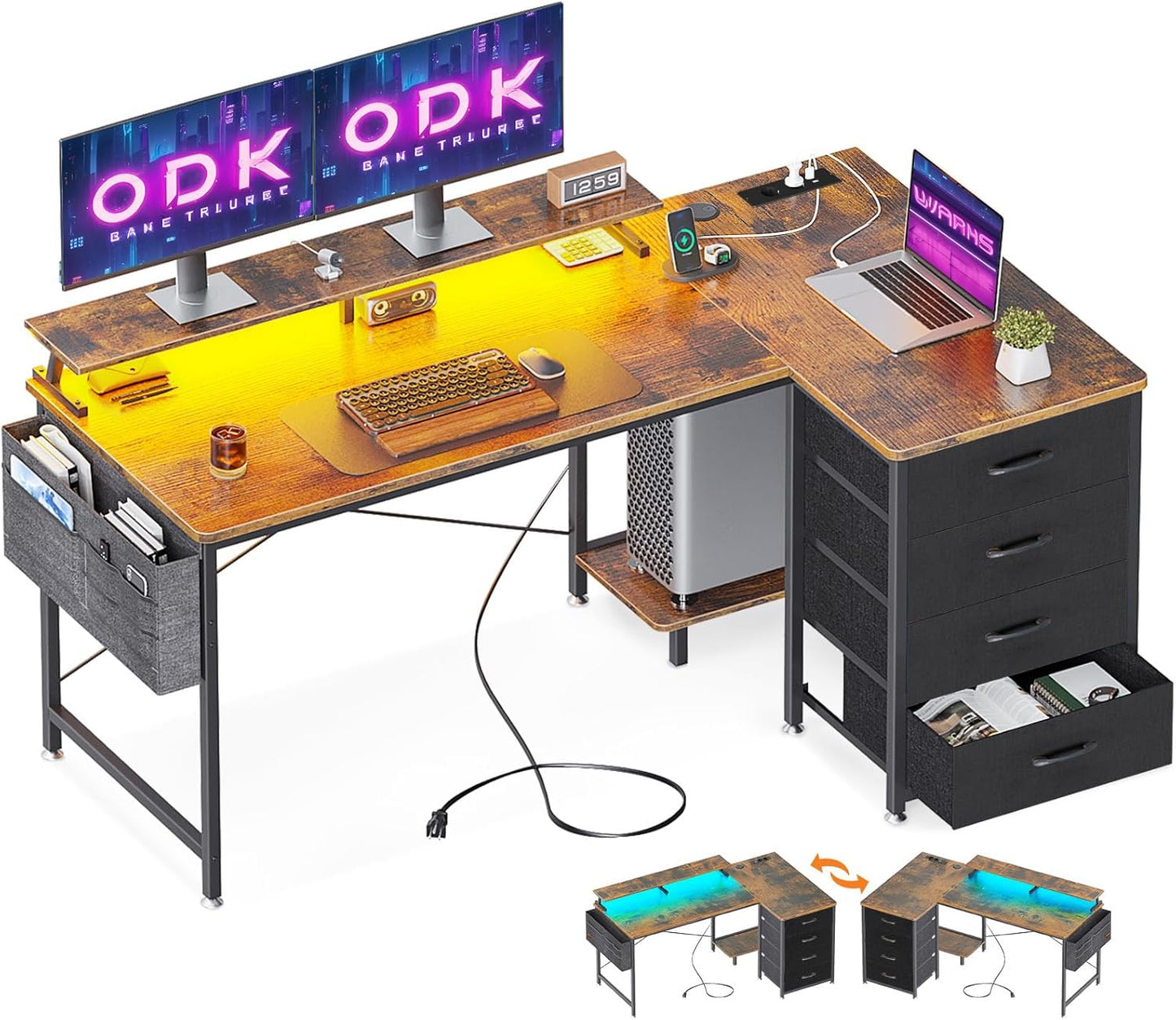ODK Corner Desk with 4 Fabric Drawers, Reversible Desk L Shape with 2 Sockets and 2 USB Charging Ports, Gaming Table L Shape with LED and Monitor Stand for Home Office (Brown, 160 x 80 x 85.9 cm)
