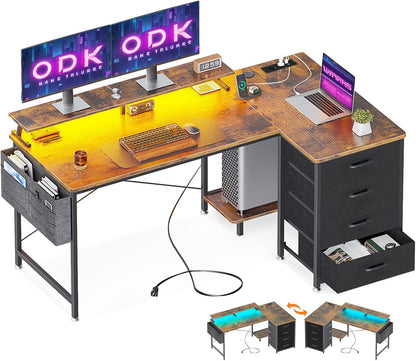 ODK Corner Desk with 4 Fabric Drawers, Reversible Desk L Shape with 2 Sockets and 2 USB Charging Ports, Gaming Table L Shape with LED and Monitor Stand for Home Office (Brown, 160 x 80 x 85.9 cm)