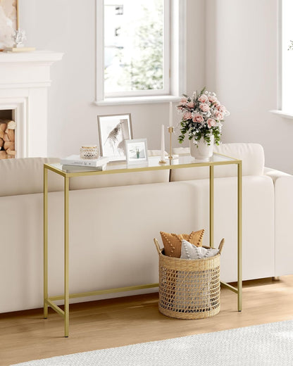 VASAGLE Console Table, Tempered Glass Table, Modern Sofa or Entryway Table, Metal Frame, Sturdy, Adjustable Feet, for Living Room, Hallway, Golden LGT26G