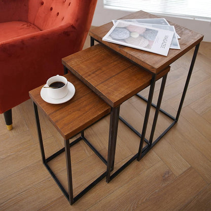 Uziass Wood Nesting Table Set of 3 Square Wooden Nesting Coffee Table, Modern Rustic Farmhouse Stacking Nesting End Table Side Tables with Sturdy Metal Frame for Living Room Bedroom Couch Home Decor