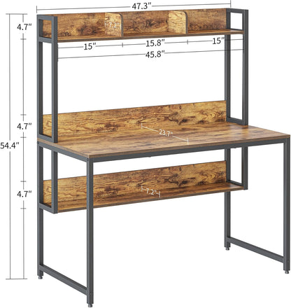 CubiCubi Computer Desk with Hutch and Storage Shelves, 47 Inch Home Office Desks with Bookshelf, Modern Office Writing Desk, Brown