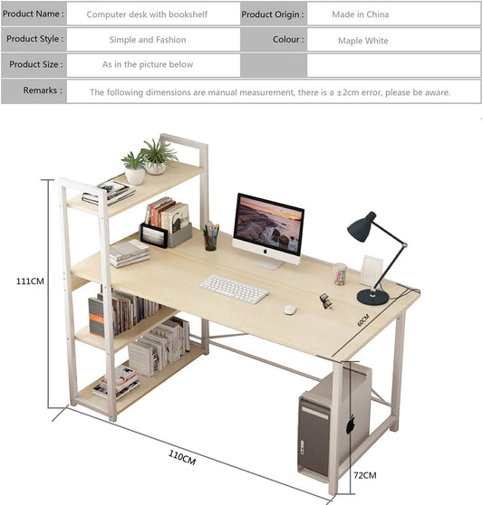 Eesyy computer desk with storage shelves, modern pc laptop wood study table with bookshelf & cpu rack, gaming table with keyboard tray, for home office 120 - Beige