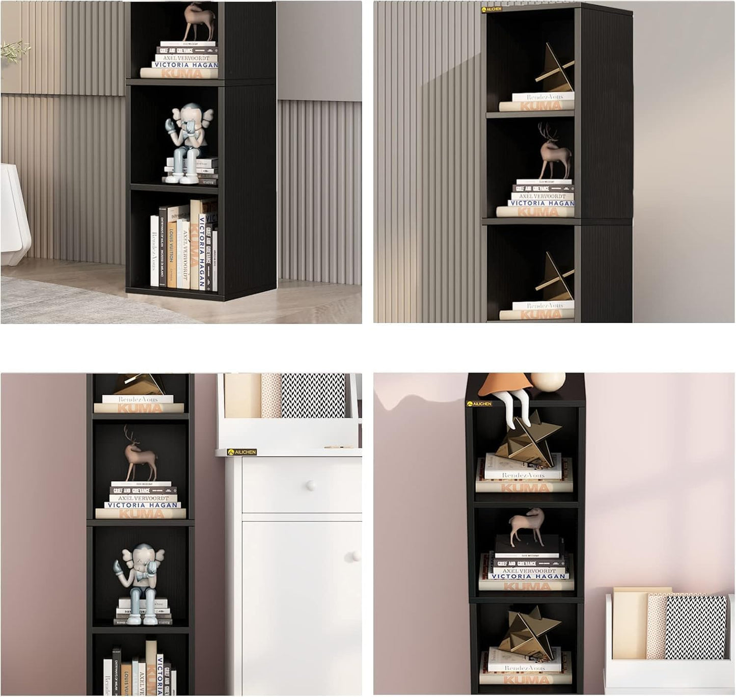 ALISENED 68.5" Tall Narrow Bookshelf, 6 Shelf Wooden Corner Bookcase, Modern Skinny Cubes Storage Organizer Display Shelving for Bedroom, Library, Living Room, Home, Office, Black