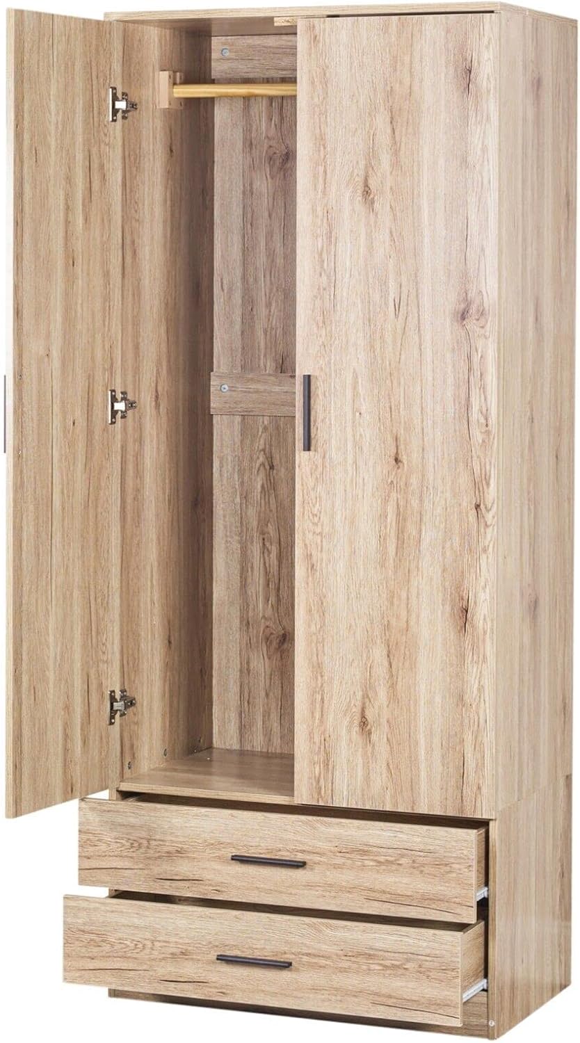 URBNLIVING Oak Wooden Bedroom Furniture Cabinet Chest of Drawers Dressing Table Wardrobe - 2 Door Wardrobe