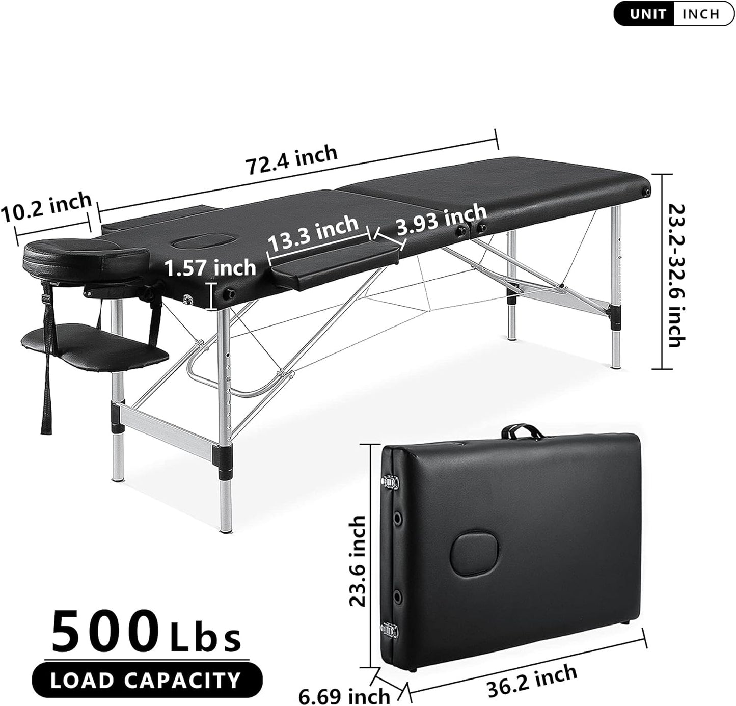 AWQM Massage Table 73 inch Massage Bed Spa Bed Aluminium Frame Height Adjustable 2 Fold Portable Facial Salon Tattoo Bed, Black