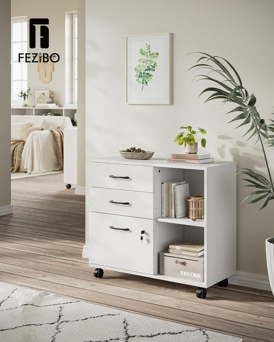 FurniFlex 3-Drawer Mobile File Cabinet with Lock, White