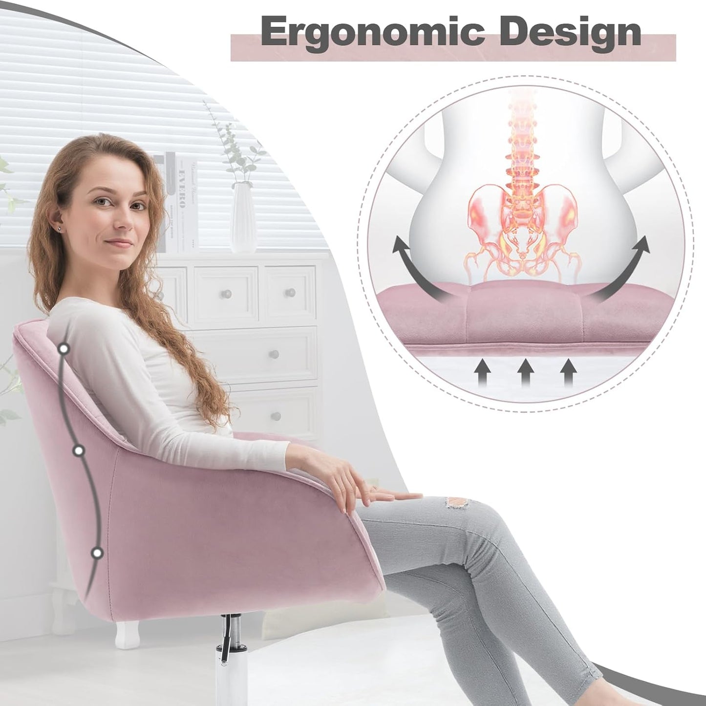 WOLTU Modern Pink Velvet Office Chair, Swivel & Roll, Height Adjustable, Up to 150 kg, with Armrests, for Office, Living Room, Bedroom