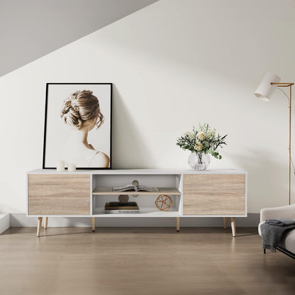 WAMPAT Mid-Century Modern TV Stand for TVs up to 75 inch Flat Screen Wood TV Console Media Cabinet with Storage Shelf, Home Entertainment Center with Doors in White&Oak for Living Room Bedroom, 70"