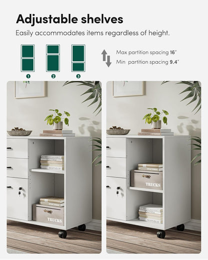 FEZIBO 3-Drawer Mobile File Cabinet, Lateral Filing Cabinet with Lock, Printer Stand with Open Storage Shelves for Home Office, White