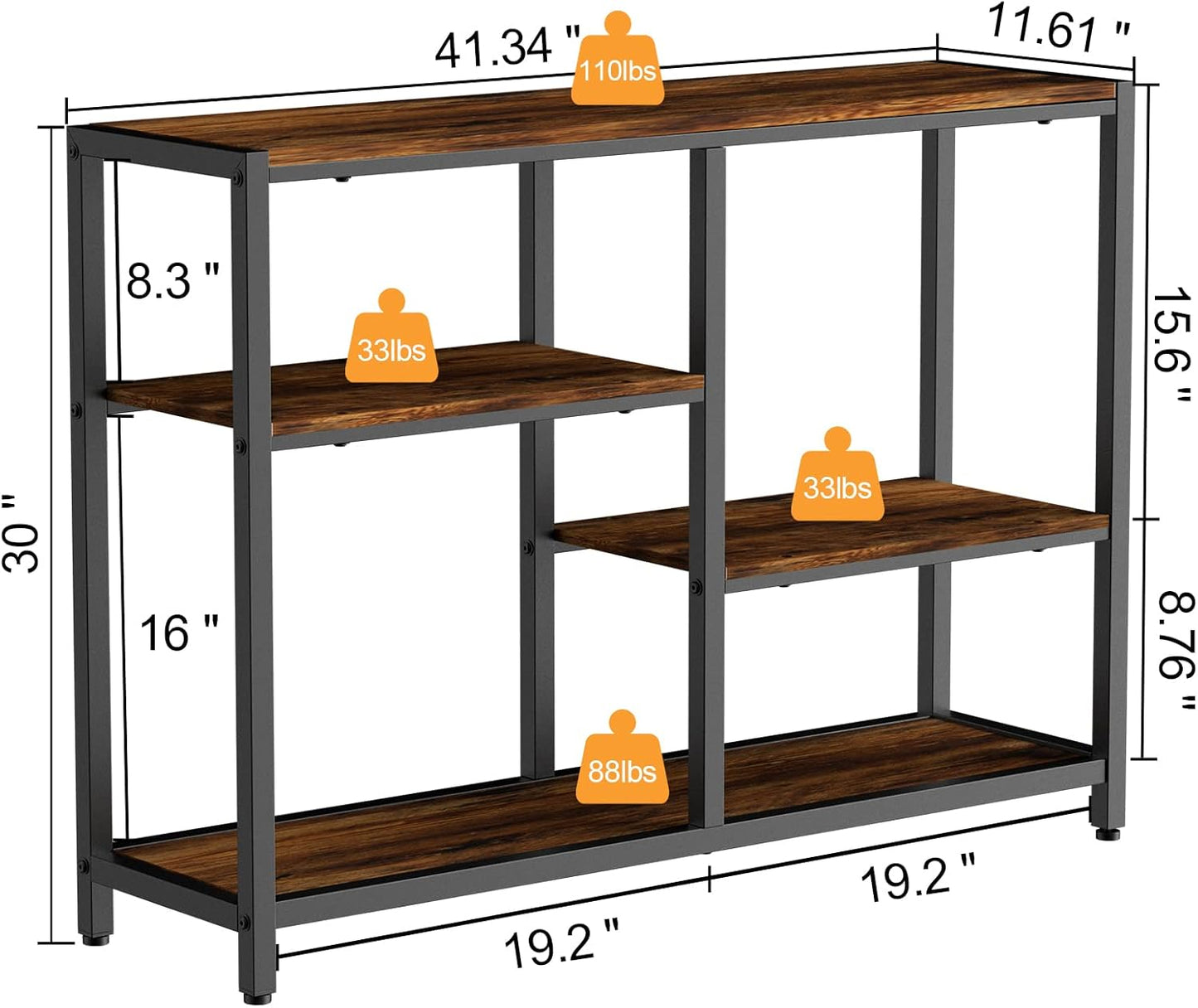 furduzz Console Table -41 Inch Narrow Entryway Table with 3-Tier Shelves, Industrial Sofa Table for Living Room,Front Hall, Hallway,Dinning Room,Kitchen, Bedroom,Coffee Bar,Rustic Brown Foyer Table