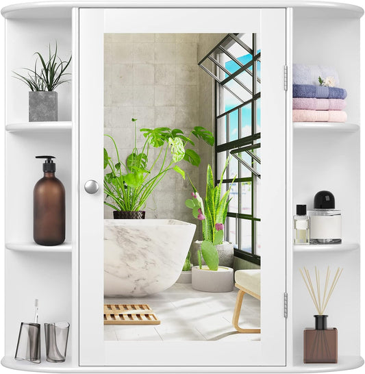 LIFEZEAL Bathroom Wall Cabinet with Mirror, MDF Hanging Storage Unit, Height Adjustable Shelves, Toilet Storage Cupboard 66 x 16.5 x 62 cm (White)
