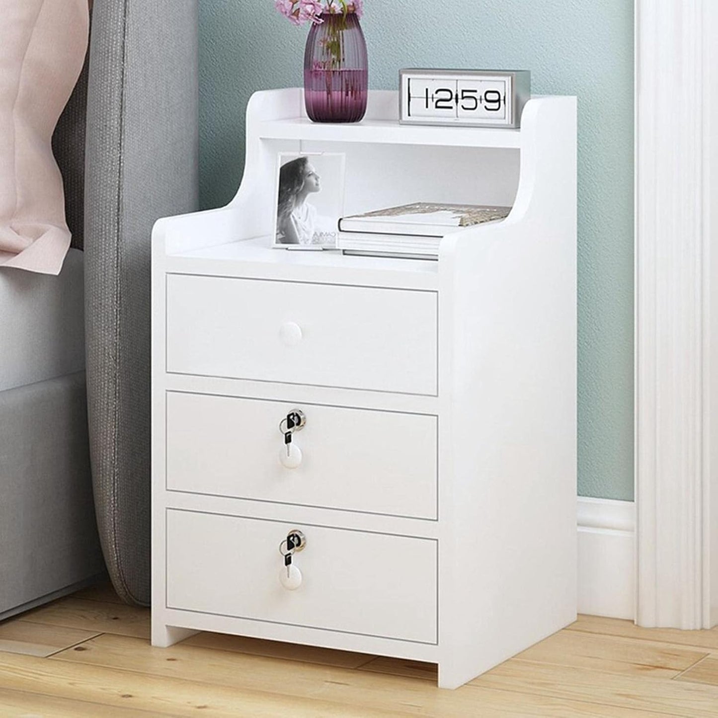 GMSWCG Nightstand, Bedside Table, Simple End Table Bedroom Coffee Table 3 Drawer with Lock Cabinet,Side Table File Cabinet Storage Table for Bedroom/Living Room/Study Room Bedside Cabinets