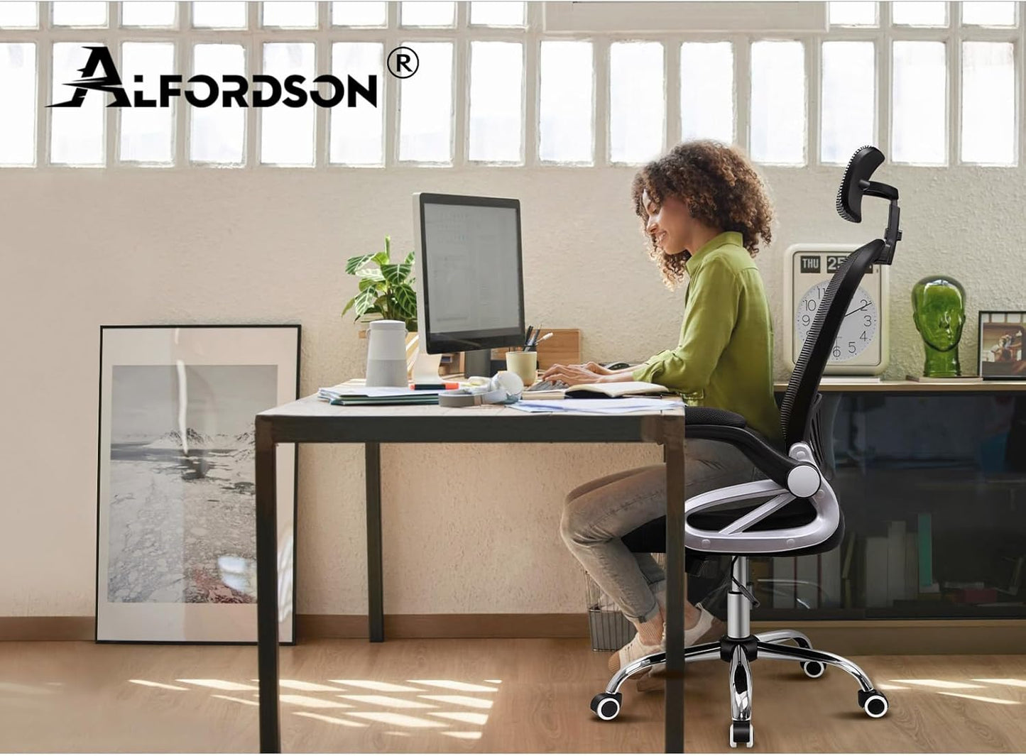 ALFORDSON Ergonomic Office Chair, Desk Chair with Adjustable Headrest, Armrests, Swivel Chair with Rocker Function, Higher Backrest, 180 kg Load Capacity, Black