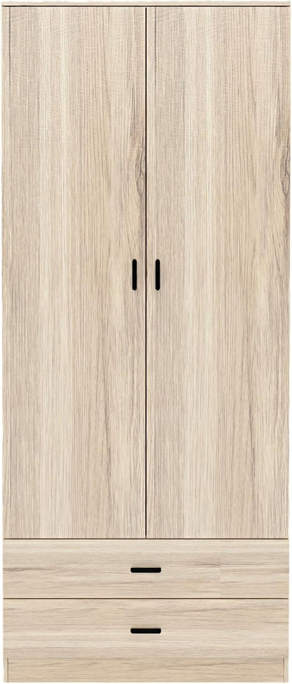 URBNLIVING Tall Wooden 2 Door Oak Wardrobe With 2 Drawers Bedroom Storage Hanging Bar Clothes (Oak Carcass + Oak Drawers)