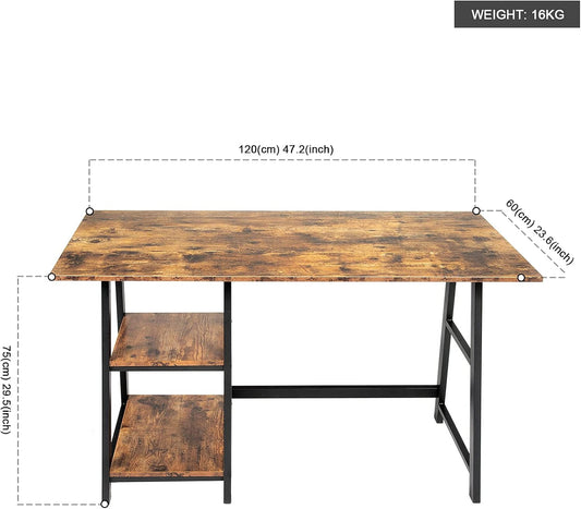 Oak & Tea Computer Desk Small Home Office Table with Shelves Compact Workstation Modern Style Writing Desk for Work Study Gaming 120x60x75 cm