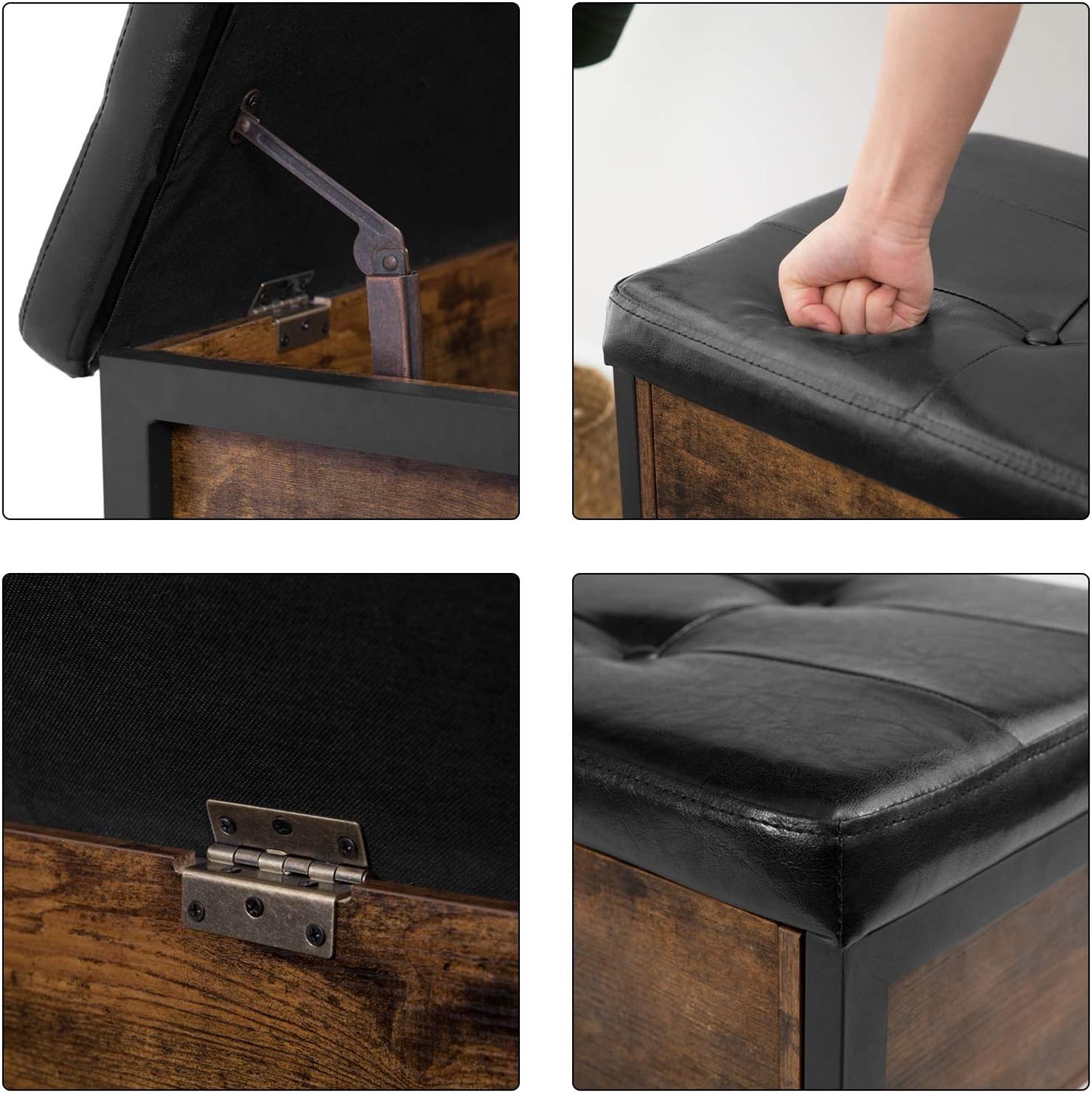 HOOBRO Storage Bench, Storage Ottoman, Shoe Bench with Padded Seat and Metal Shelf, Flip Top Toy Box Storage Chest, Bed End Stool for Bedroom, Hallway,Living Room, Rustic Brown and Black BF98CW01