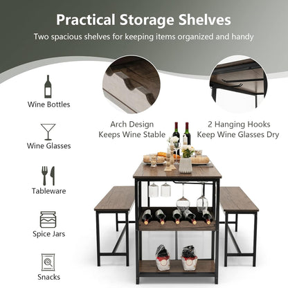 TANGZON Dining Table and 2 Bench Set, 3 Pieces Kitchen Dining Table Set with Wine Rack, Glass Holder & Storage Shelf, Space-Saving Breakfast Dining Furniture for Home Living Room Restaurant (Wooden)