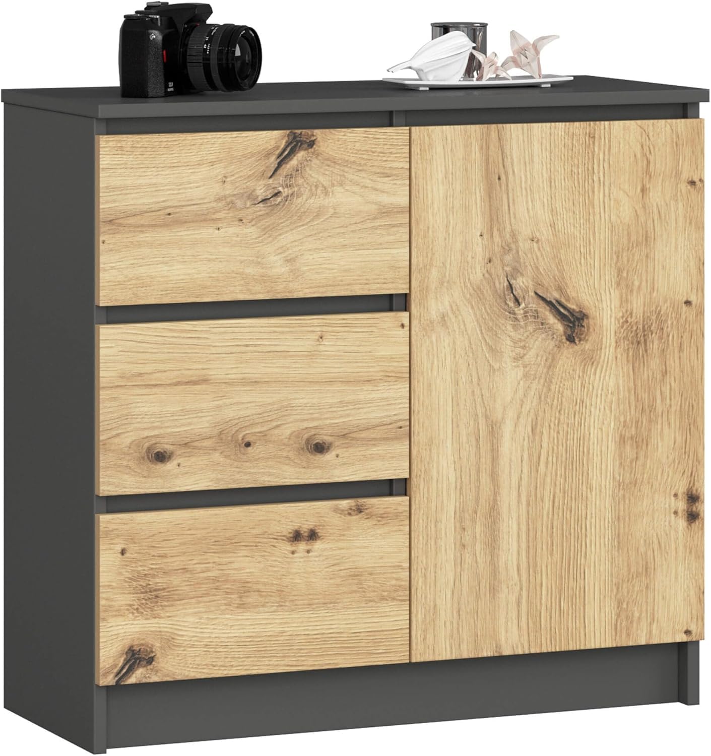 FurniFlex K-80 Chest of 3 Drawers Bedroom Wardrobe, 80 cm x 77 cm x 35 cm Size, Grey/Artisan Oak
