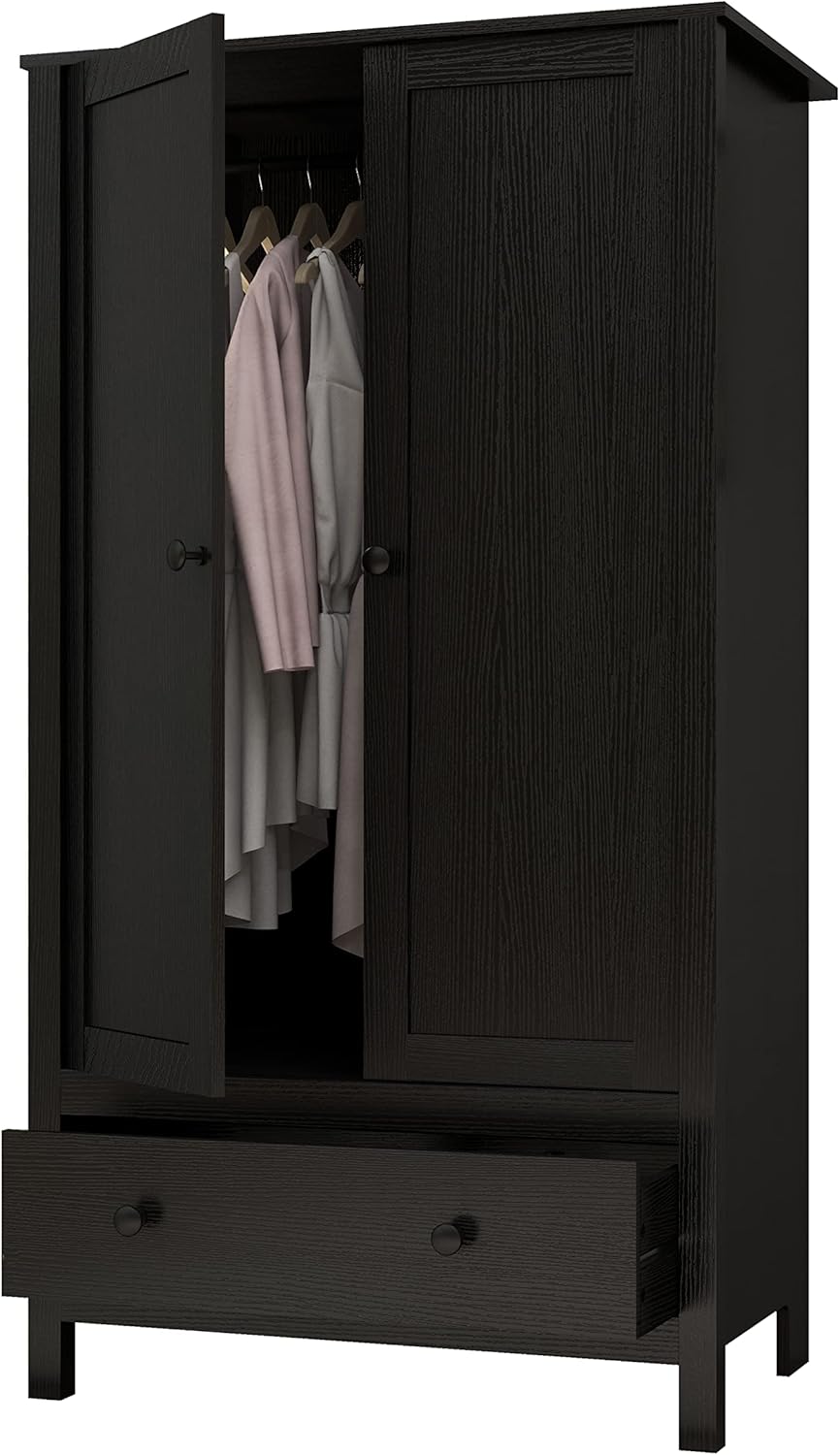 Panana 2 Door Wardrobe, Armoire with Drawer for Bedroom (Black)