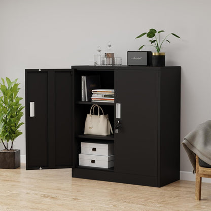 FurniFlex Metal Filing Storage Cabinet with Lockable Doors, 92 cm x 80 cm x 40 cm Size, Black