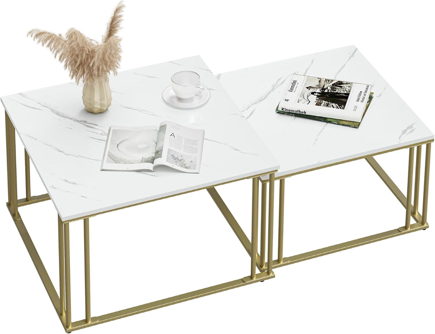 YITAHOME Modern Coffee Table Set of 2 for Living Room, White Grey Round Wooden Coffee Tables, Cocktail Tables, Side Table with Sturdy Gold Metal Frame