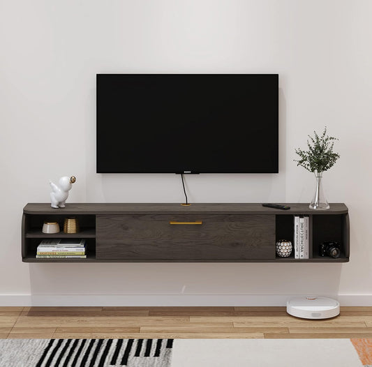 Bixiaomei Floating TV Unit, 58'' Wall Mounted TV Cabinet, Floating Shelves with 4 Cabinets, Wooden Entertainment Media Console Center Large Storage TV Bench for Living Room & Office (58IN, Grey)