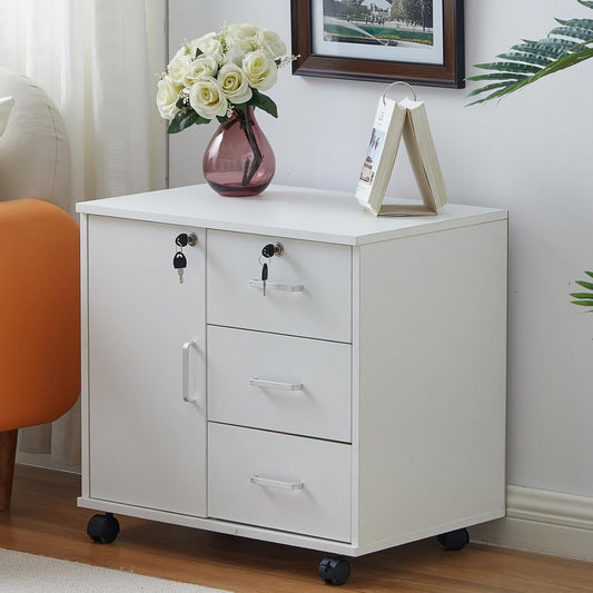 CLIPOP Rolling Container Lockable with Drawer and Closed Storage, Mobile Filing Cabinet Wood Under Desk Cabinet, 40 x 40 x 54.5 cm, Black